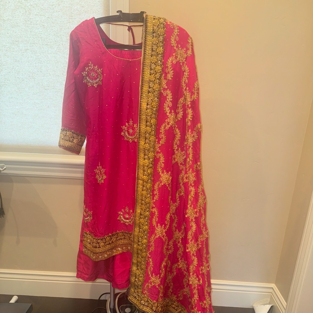 Girls Pink Embroidered Traditional Dress with Gold Detail